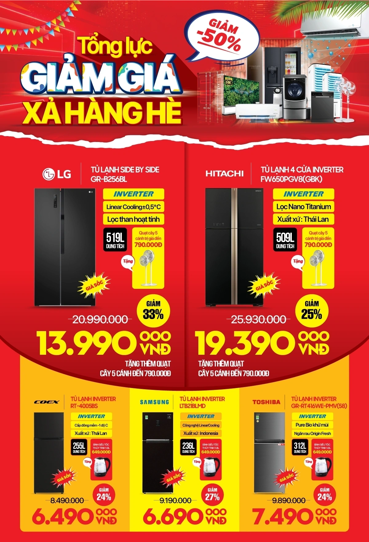 Tổng lực giảm giá - Điều hòa, tủ lạnh, máy giặt... giảm tới 3 triệu - chỉ từ 4,19 Tr