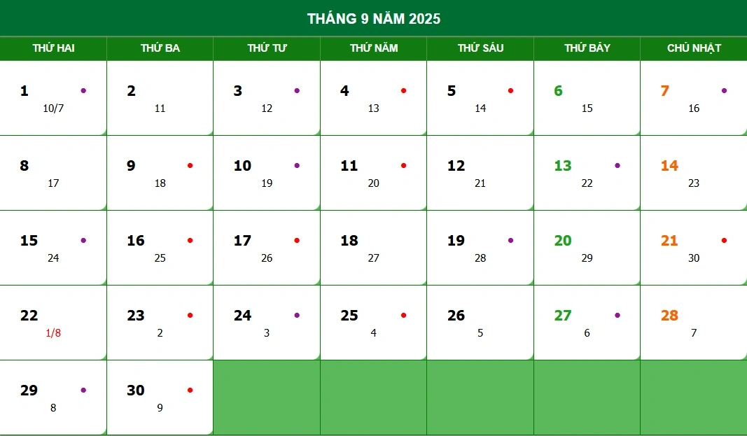 Xem lịch Âm tháng 9 2025