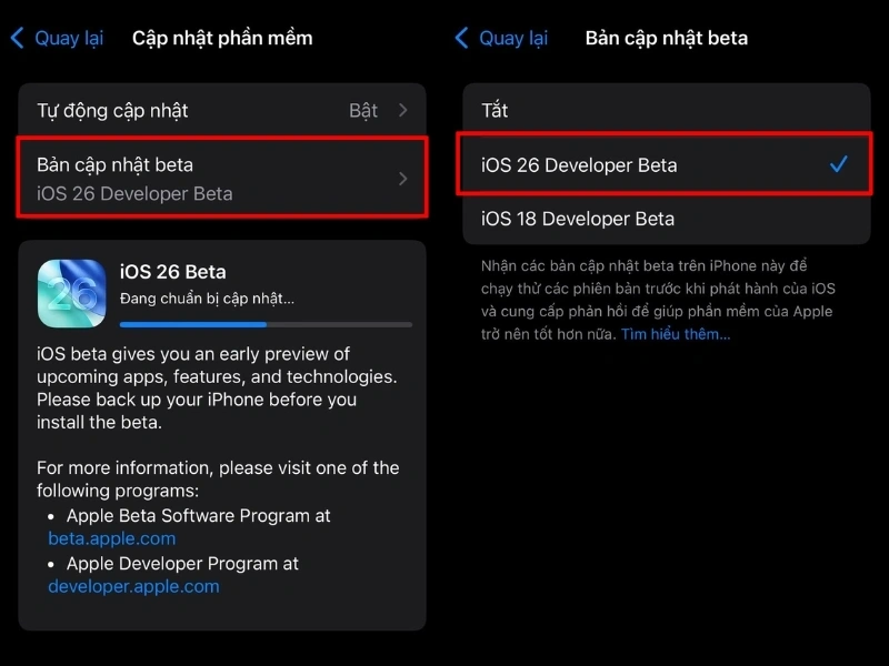 Các bước cập nhật iOS 26 Beta