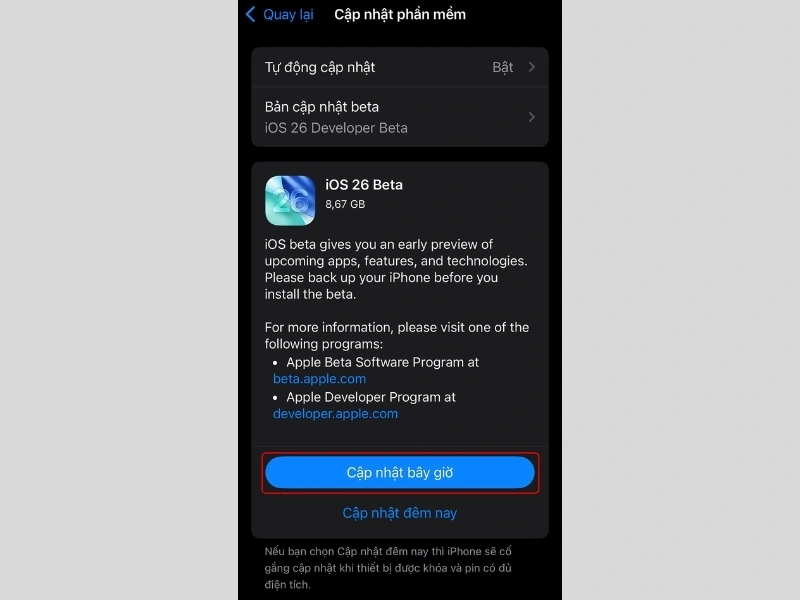Cập nhật iOS 26 Beta