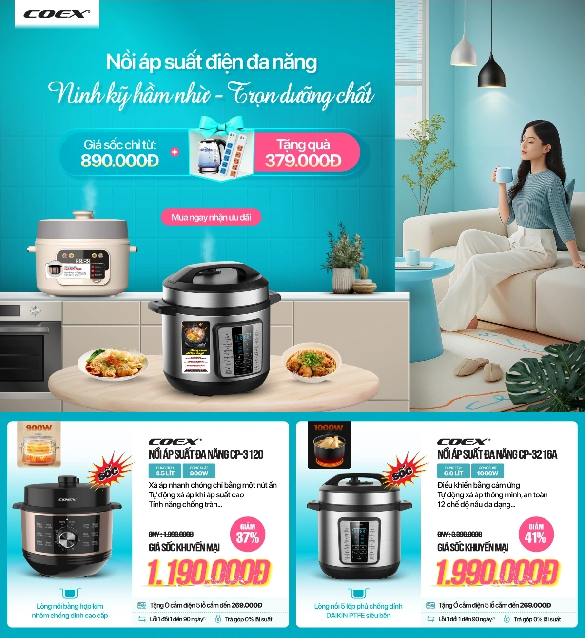 Nồi cơm, nồi áp suất điện đa năng COEX đẹp - chất - sale tất (-50%)