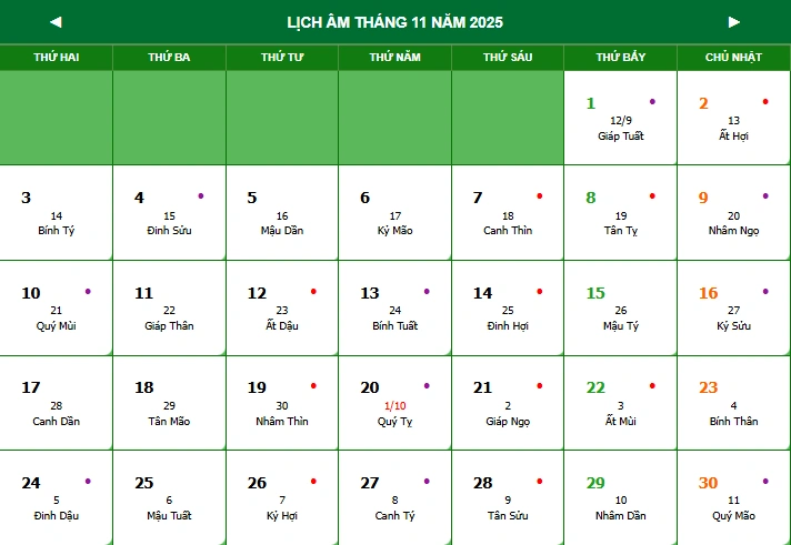 Lịch âm tháng 11 năm 2025 chính xác nhất
