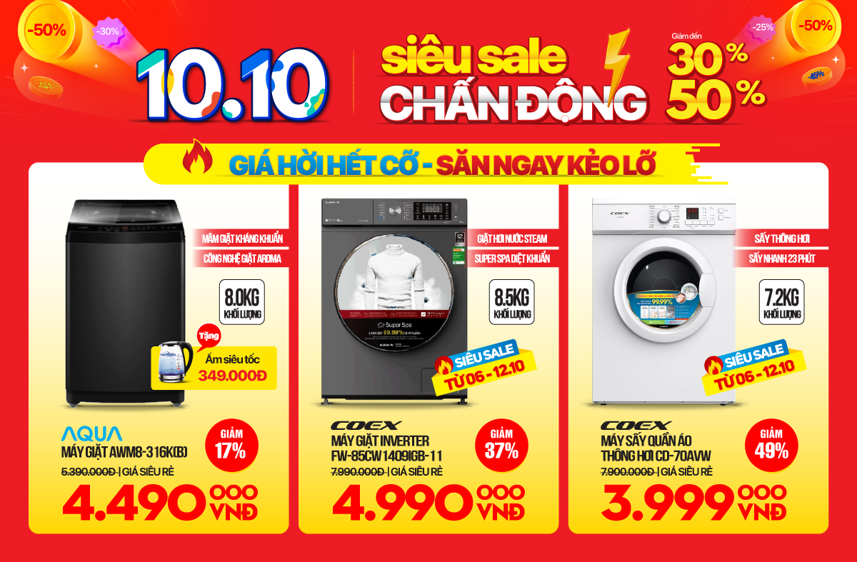 Sale chấn động tủ lạnh, máy giặt, máy sấy quần áo, điều hòa - Siêu rẻ chỉ từ 3,99Tr