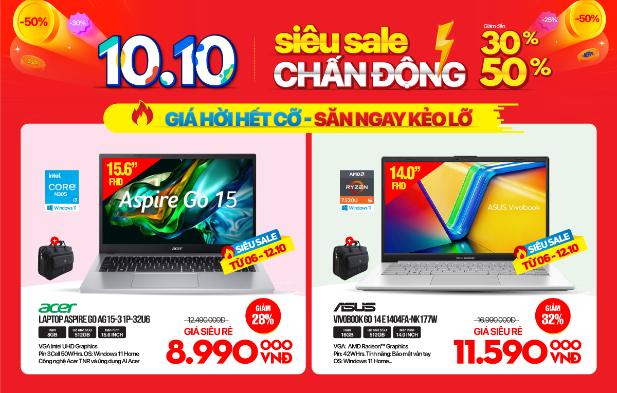 Siêu sale 10/10 - Laptop giảm chấn động -50%!