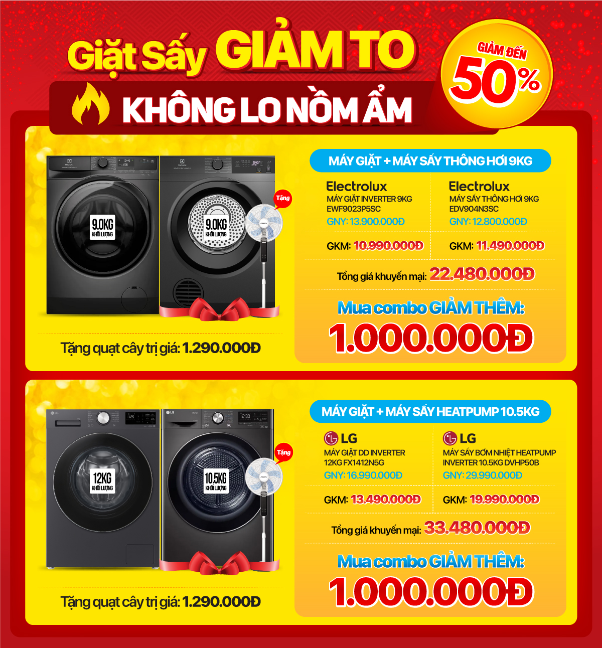 Combo tiết kiệm giảm thêm đến 1 triệu đồng - Giặt sấy quần áo sạch thơm