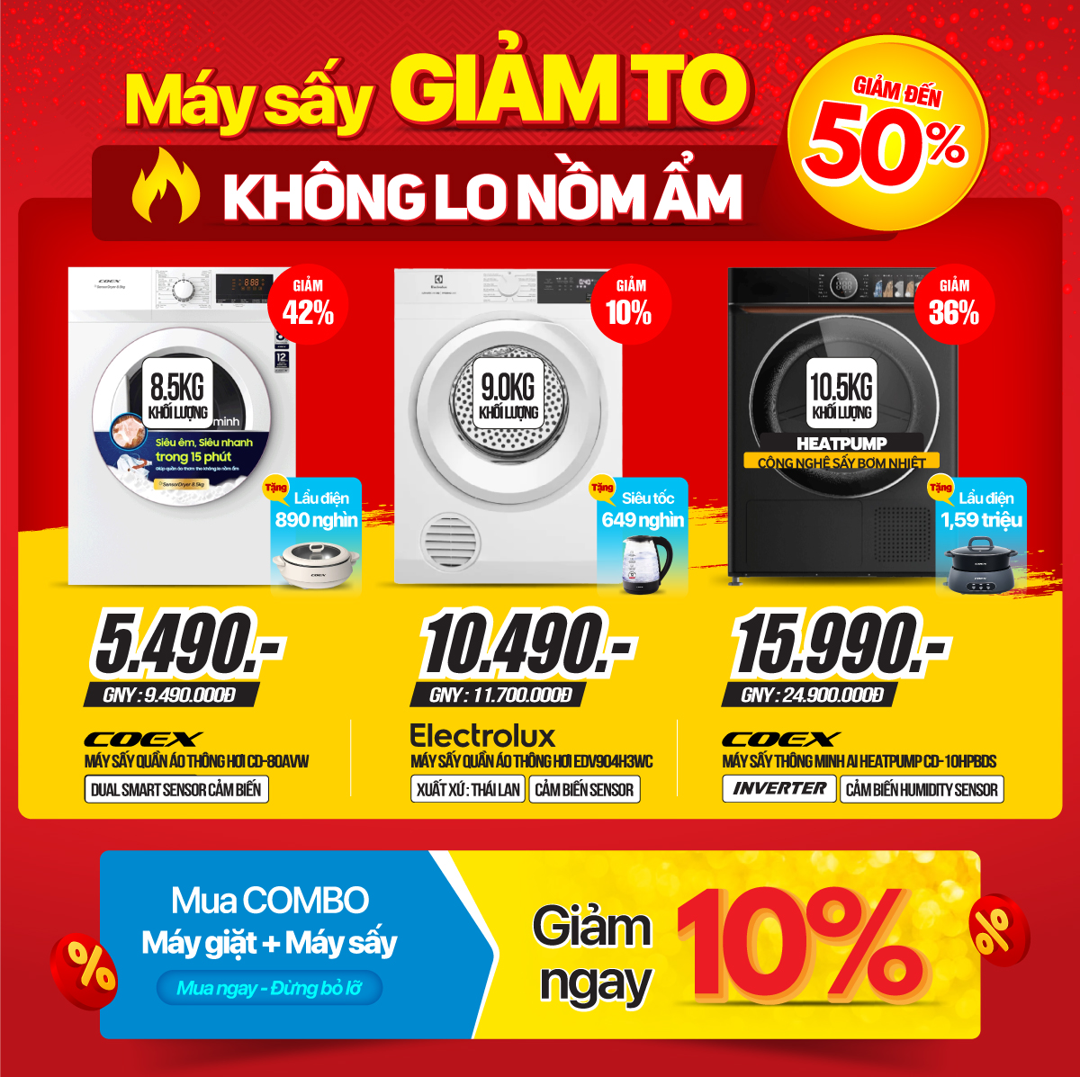 Máy sấy, tủ sấy quần áo siêu rẻ - Giảm tới 50% - Quà tặng trị giá đến 1,5 triệu đồng