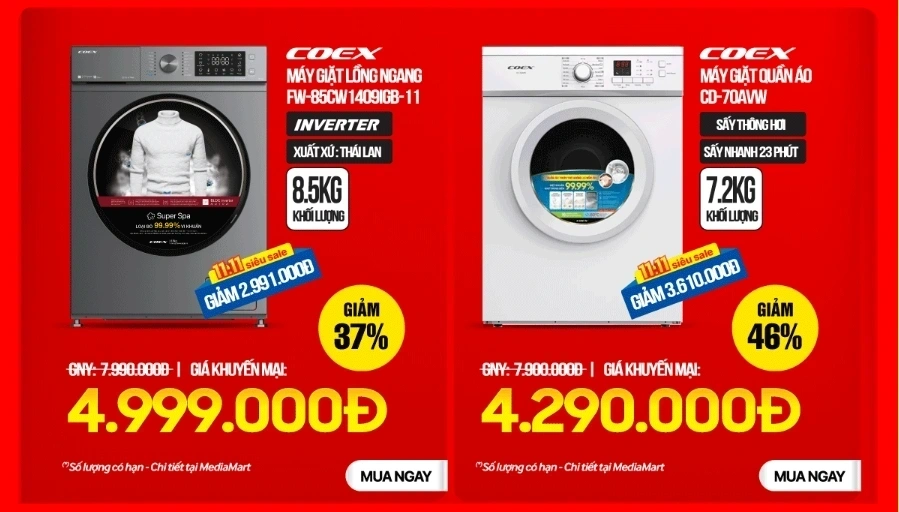 Siêu sale 11.11, Mediamart giảm sốc máy giặt