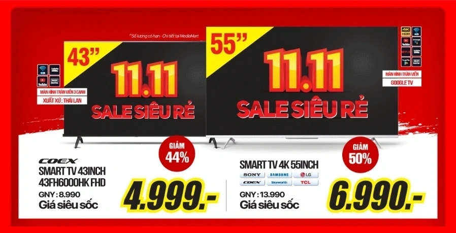 Siêu sale 11.11, Mediamart giảm sốc tivi