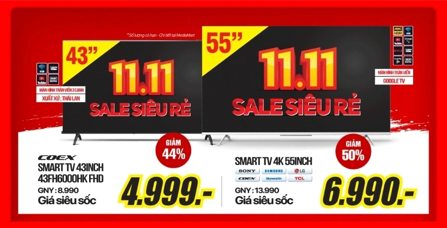 Siêu sale 11.11, Mediamart giảm sốc tivi