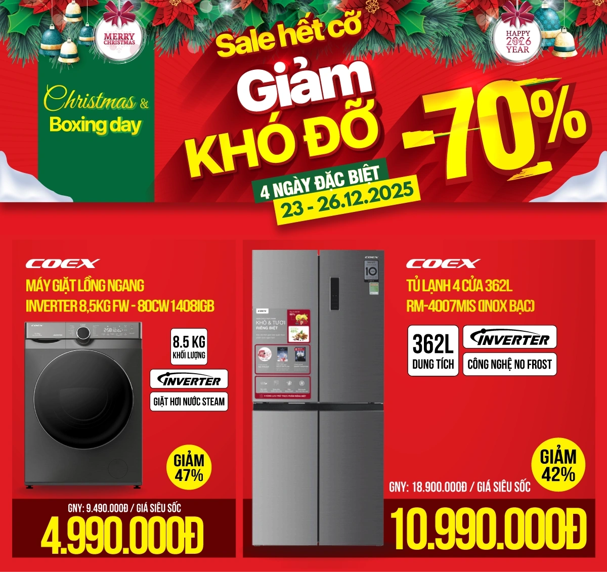 Christmas & Boxing day: Tủ lạnh, Máy giặt giảm đến 50%