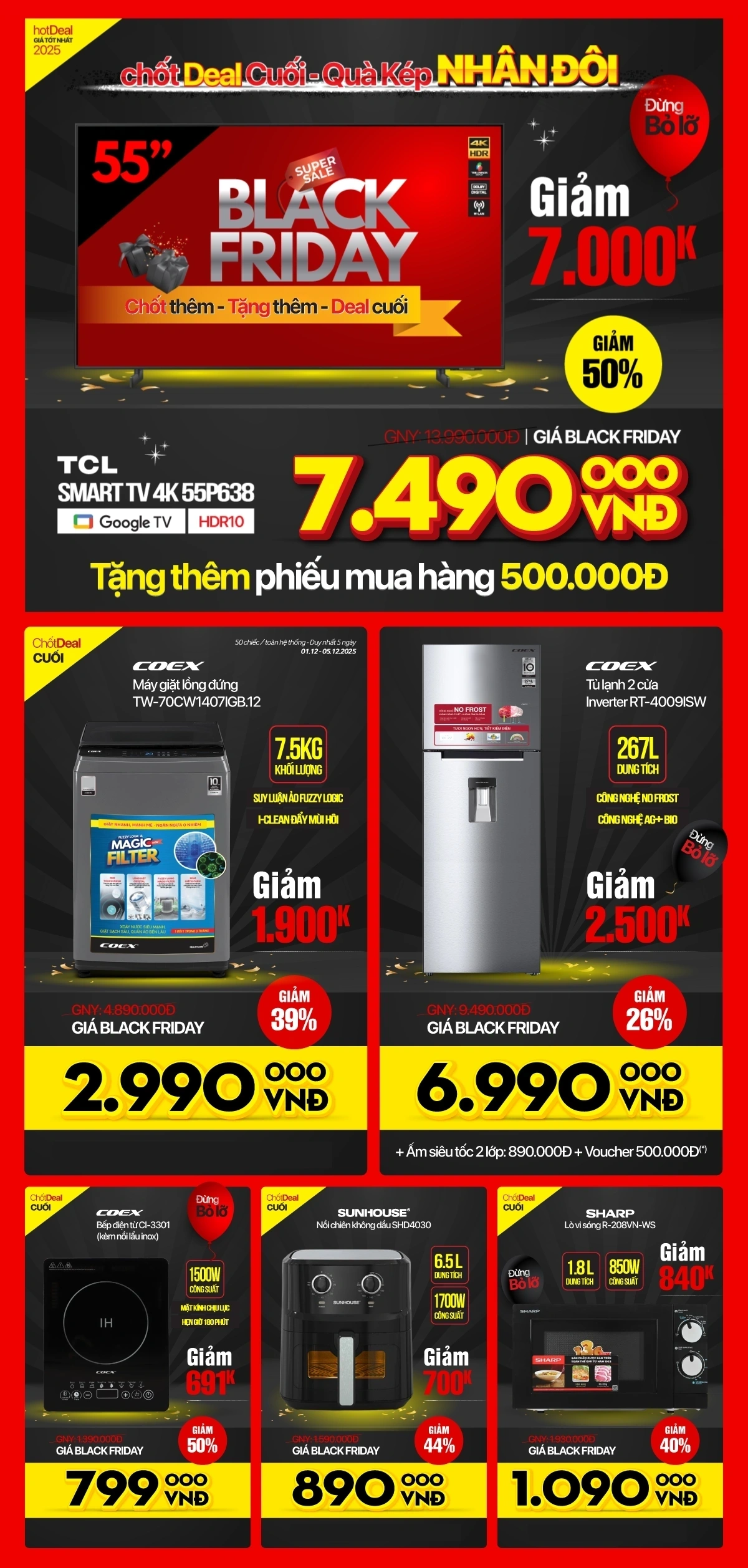 Deal giá sốc phút chót, tivi, tủ lạnh, máy giặt... chỉ từ 2.990.000Đ
