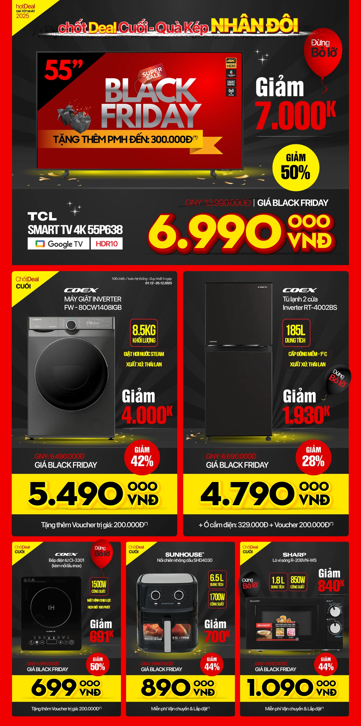 Deal giá sốc phút chót, tivi, tủ lạnh, máy giặt... chỉ từ 2.990.000Đ