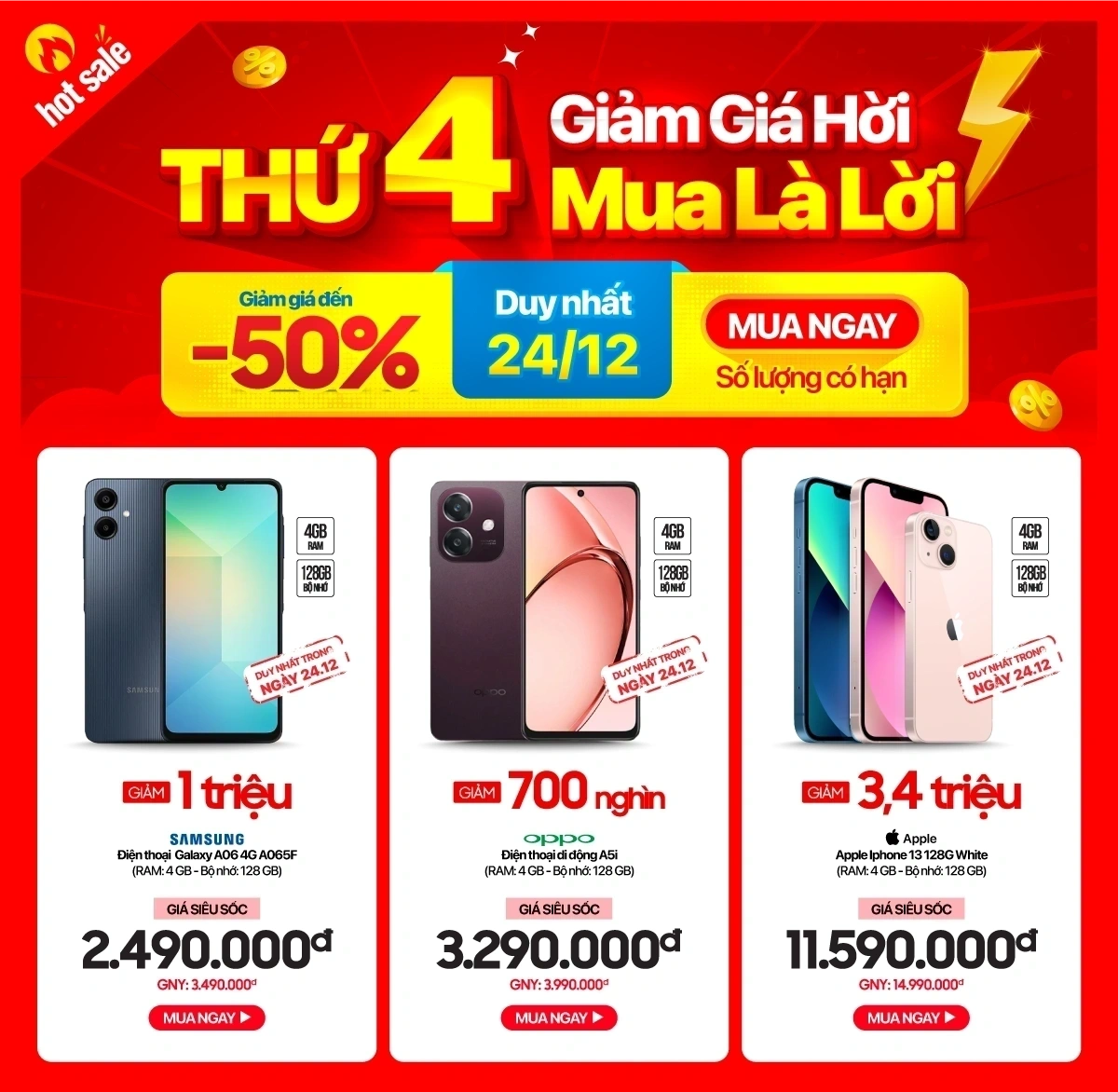 Điện thoại thông minh sale giữa tuần, giảm hời đến 50%