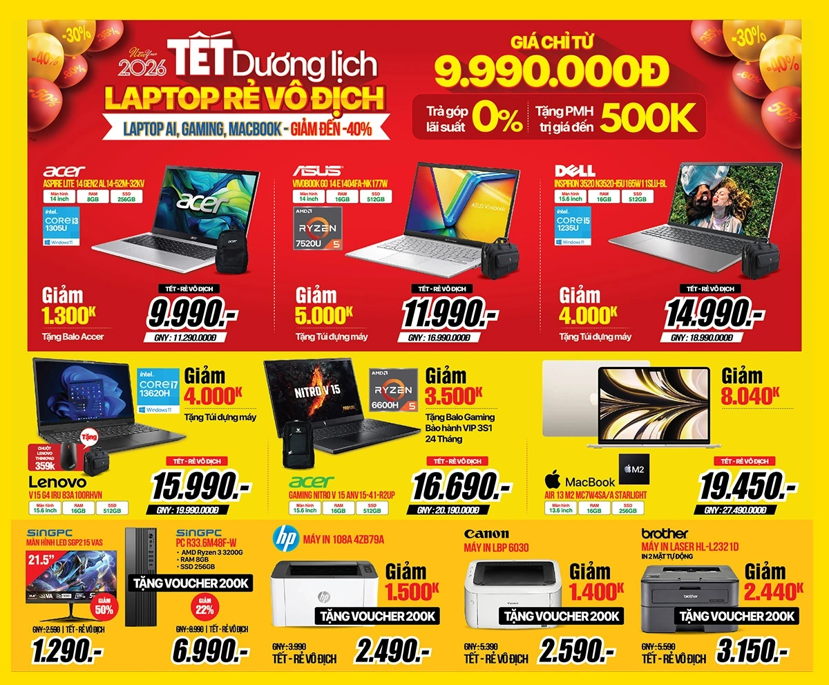 Laptop AI, Gaming, MacBook… giảm đến -40% chỉ từ 9.990.000đ, tặng ngay PMH lên đến 500K