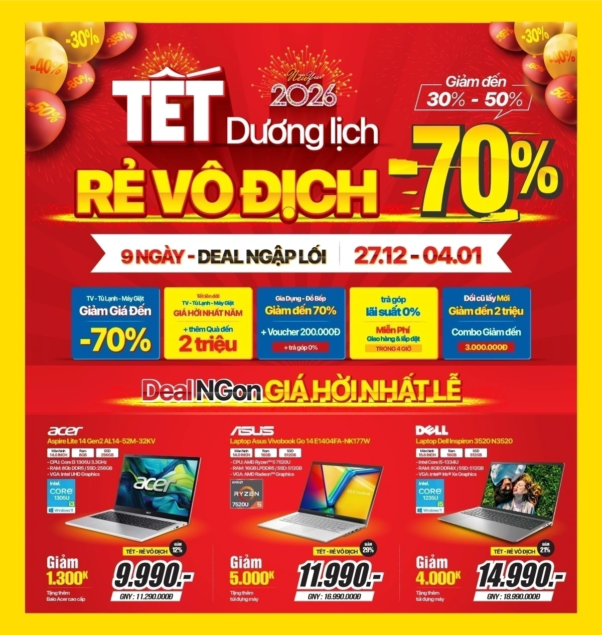 Tết Dương lịch, Laptop giảm đến 40% + Voucher 500k