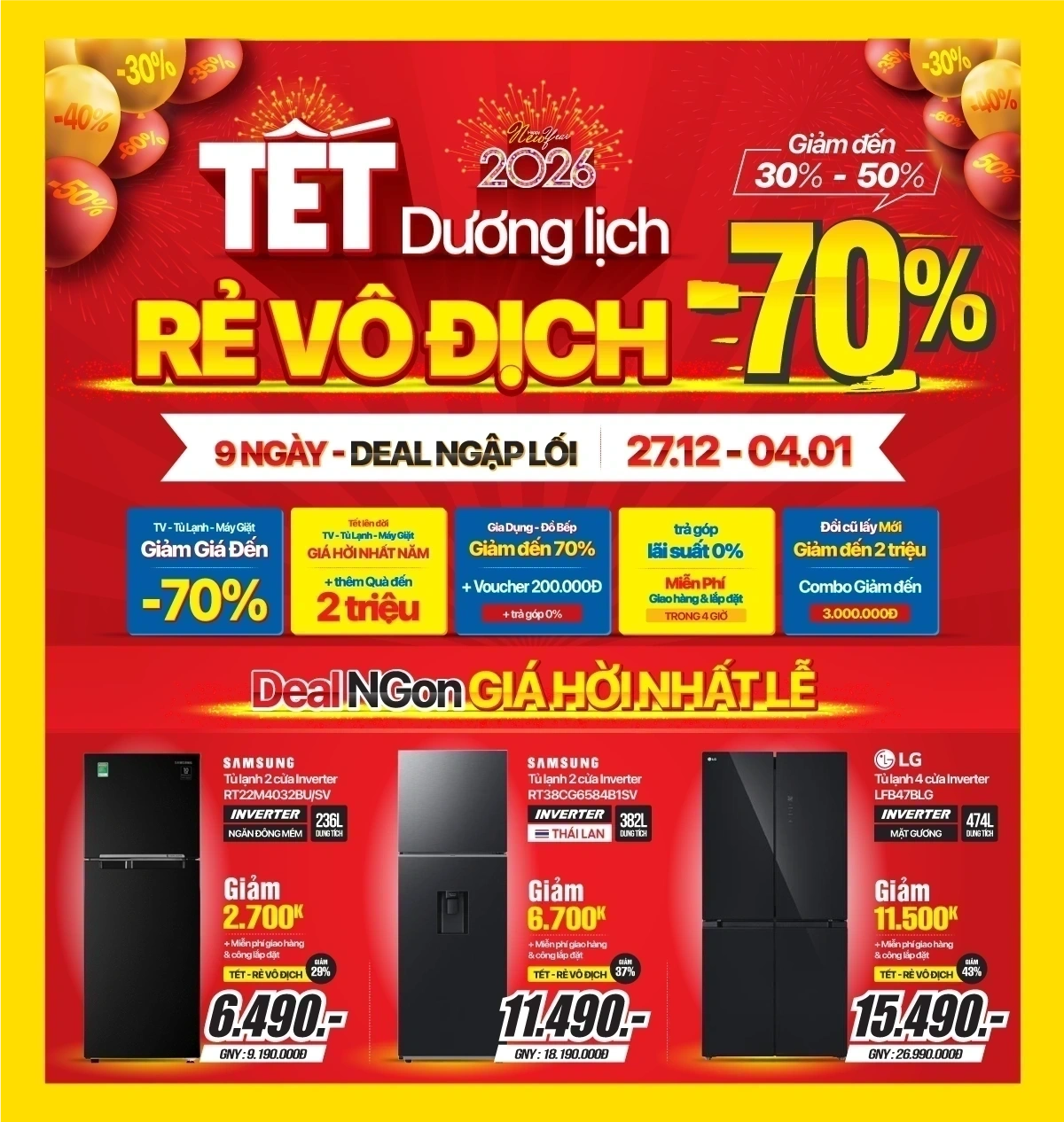 Tết Dương lịch, Tủ lạnh giảm đến 50%