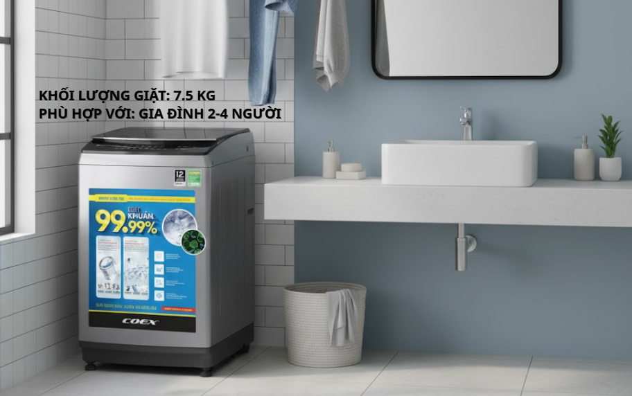 Khối lượng giặt 7.5kg – Lý tưởng cho gia đình 2–4 người