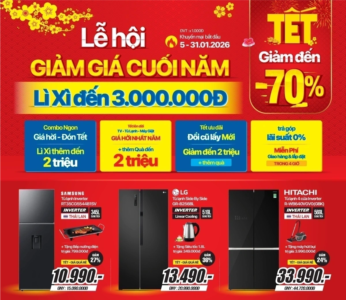 Lễ hội giảm giá cuối năm - Mua Tủ lạnh & Máy giặt cao cấp lì xì 3 triệu