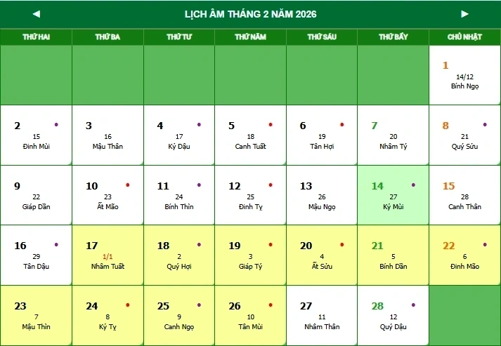 Tết Nguyên đán 2026 vào ngày nào dương lịch?