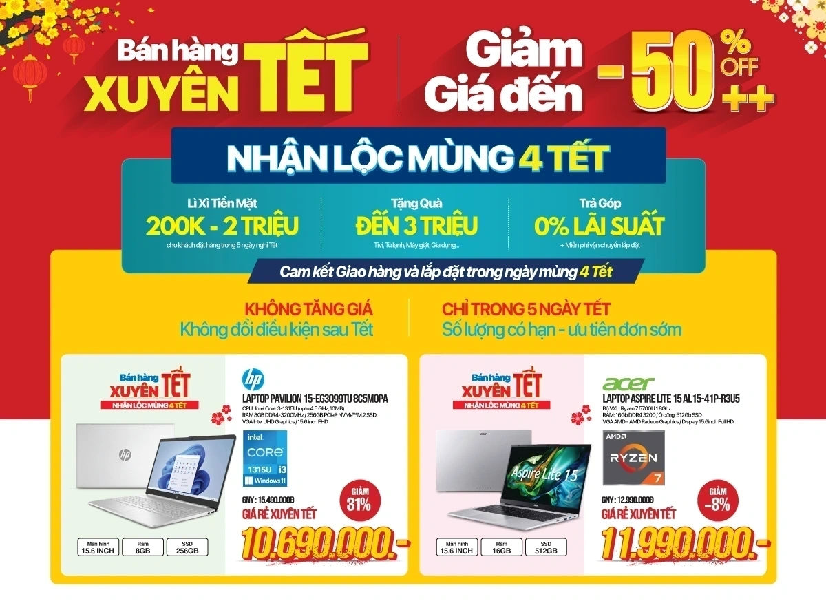 Khuyến mại Tết Laptop, PC Giảm giảm đến 31%