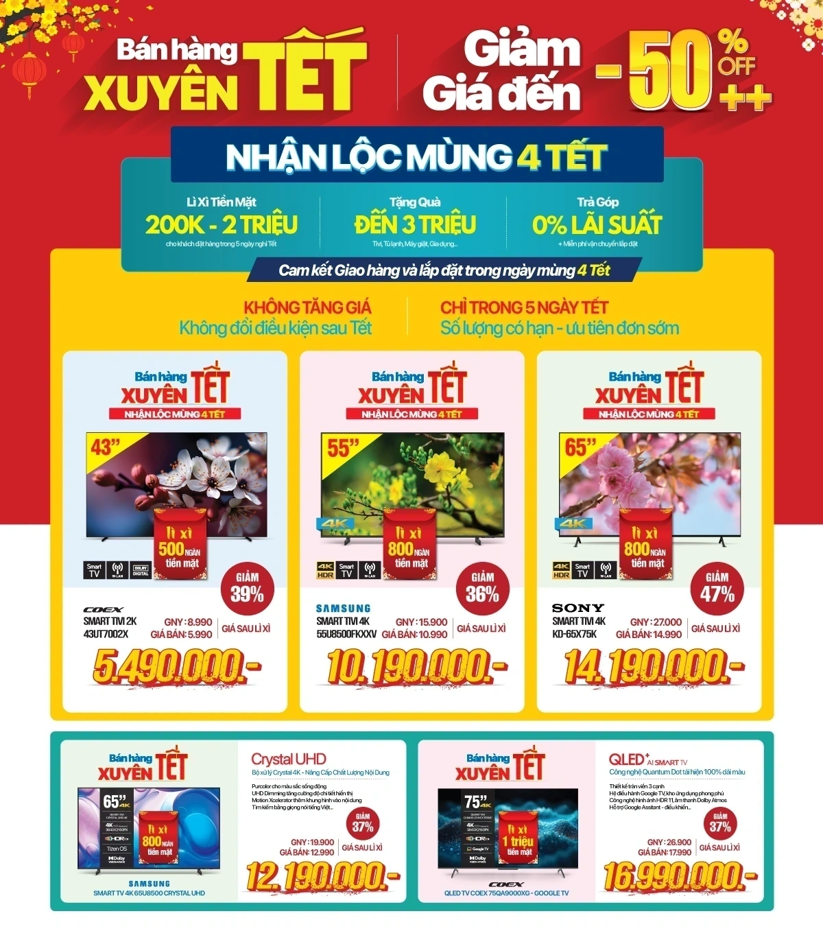Khuyến mại Tết Smart TV giảm đến 50%, Lì xì đến 2 triệu