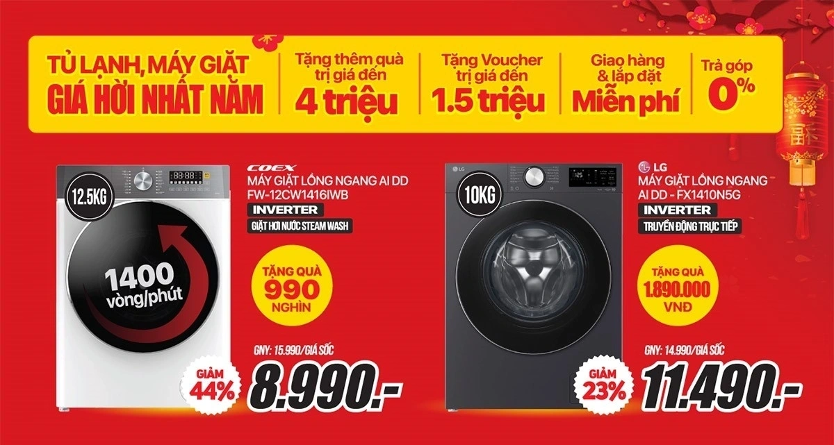 Máy giặt khuyến mại Tết giảm đến 45%, tặng quà đến 3.99 triệu