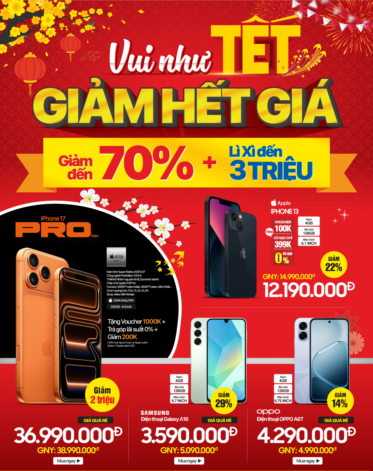 Smartphone khuyến mại Tết giảm đến 3 triệu, trả góp lãi suất 0%