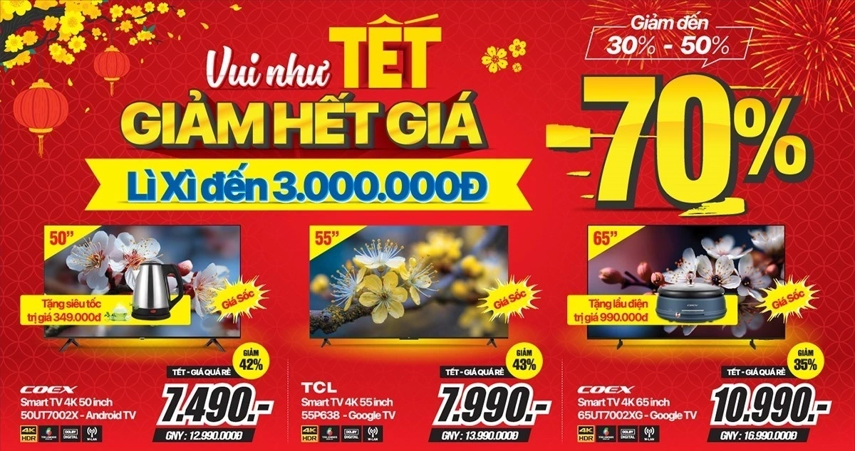 Tivi khuyến mại Tết giảm đến 60%, Trả góp lãi suất 0%