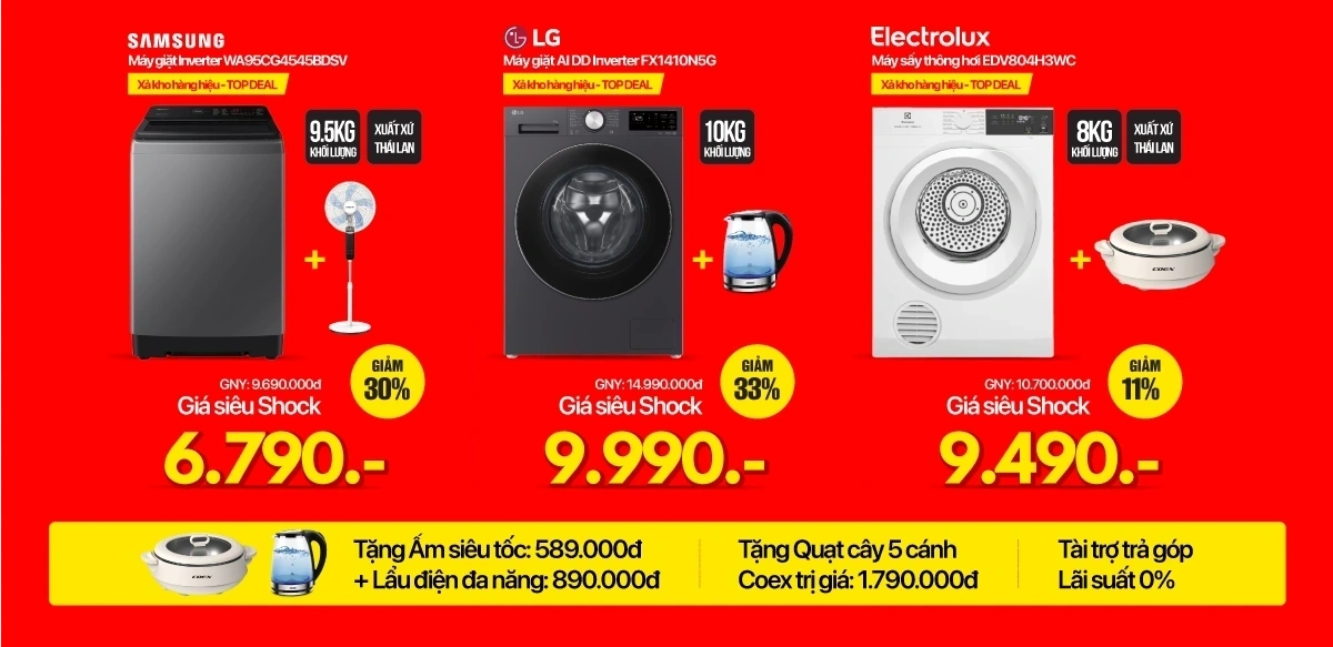 Máy giặt xả kho đón hè - Miễn phí lắp đặt