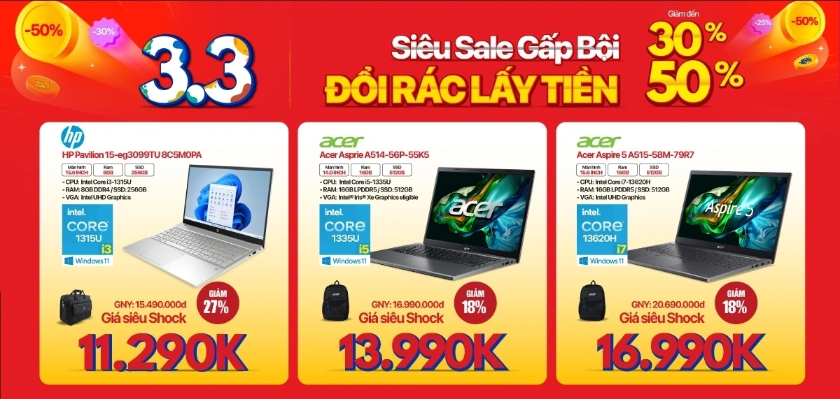 Siêu sale 3.3 - Laptop giảm đến 4 triệu, trả góp 0%