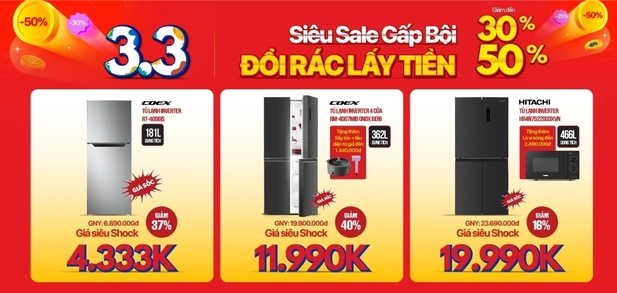 Siêu sale 3.3 - Máy giặt, Tủ lạnh giảm 40%, trả góp 0%