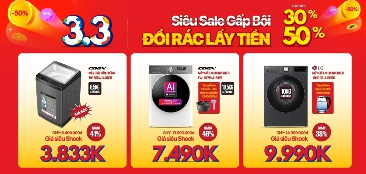 Siêu sale 3.3 - Máy giặt, Tủ lạnh giảm 40%, trả góp 0%