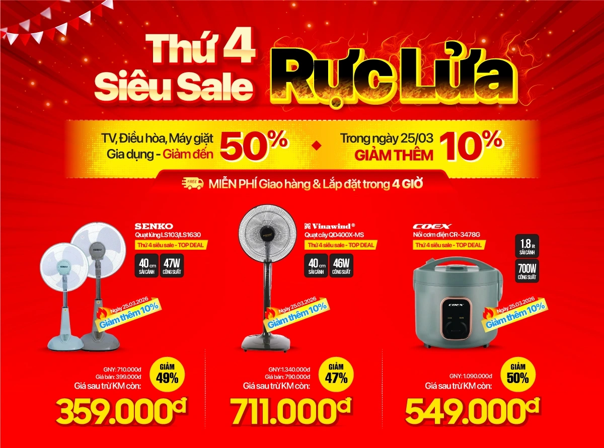 Thứ 4 Gia dụng sale rực lửa, giảm thêm 10%