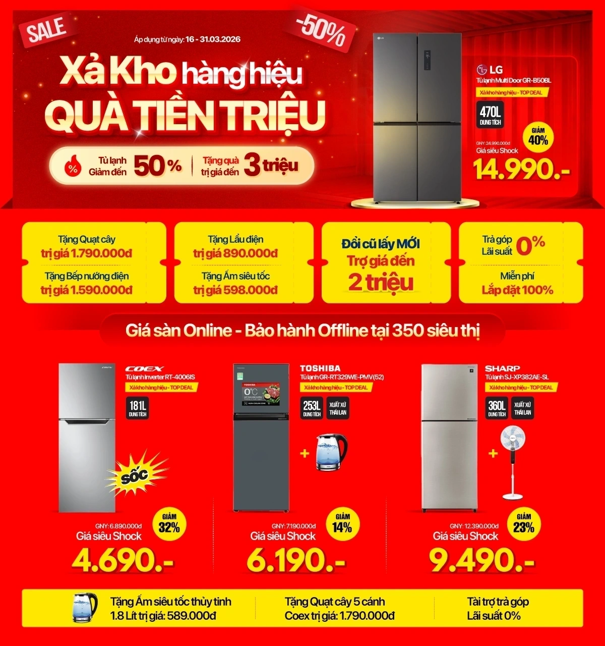 Tủ lạnh xả kho đón hè - Miễn phí lắp đặt