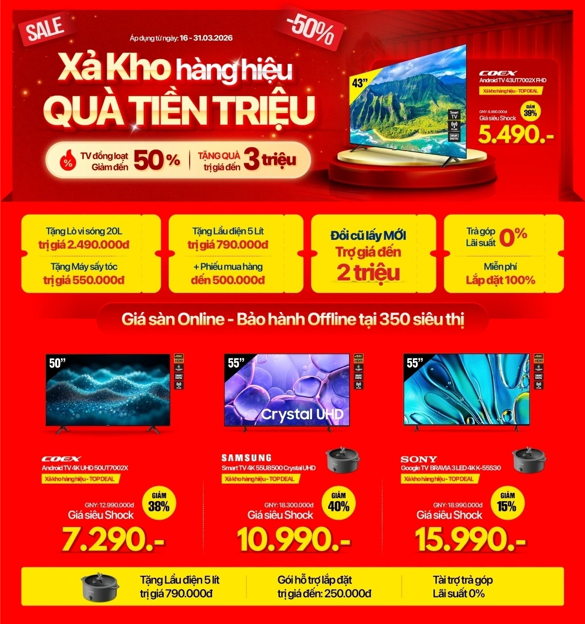 Xả kho TV giảm đến 50%, Tặng quà đến 2,49 triệu