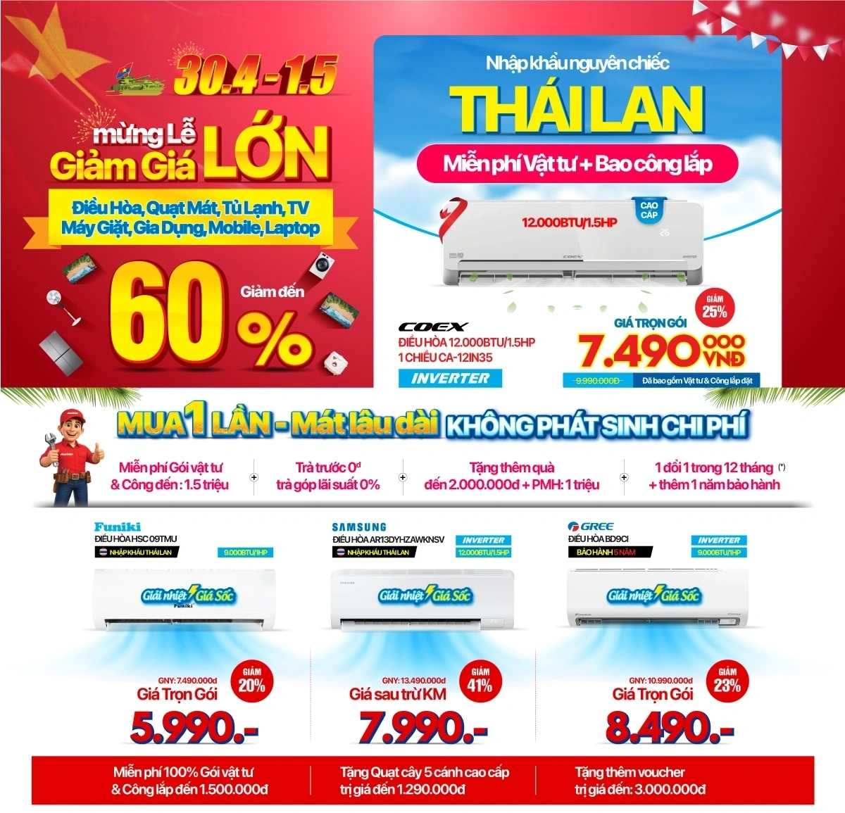 Điều hòa giảm đến 45% mừng Đại lễ