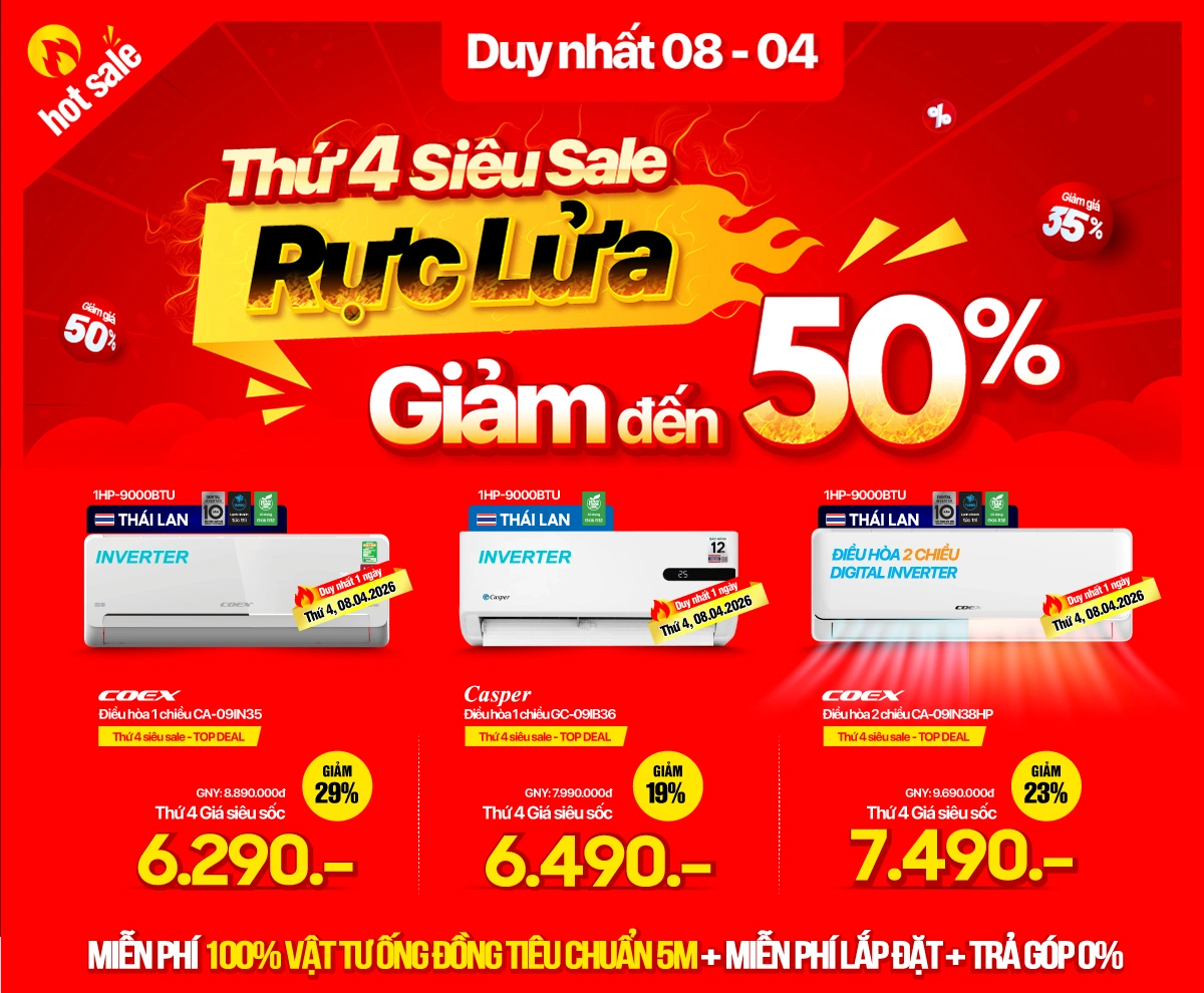 Điều hòa giảm sốc Thứ 4, miễn phí giao lắp