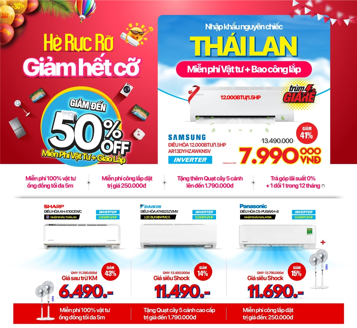 Điều hòa, Tủ lạnh, Máy giặt giảm đến 50%, Lắp đặt siêu tốc