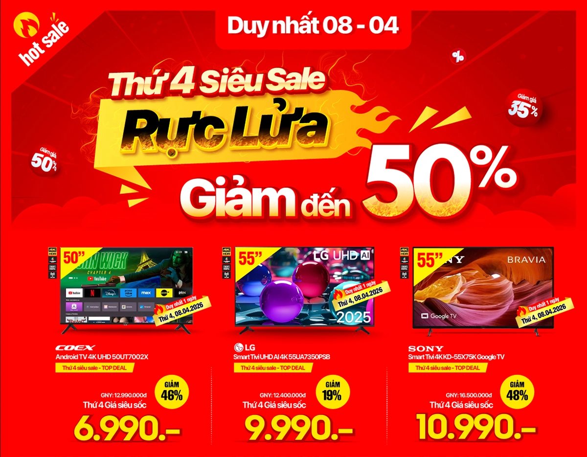 Smart TV giảm sốc đến 50% Thứ 4, trả góp 0% lãi suất