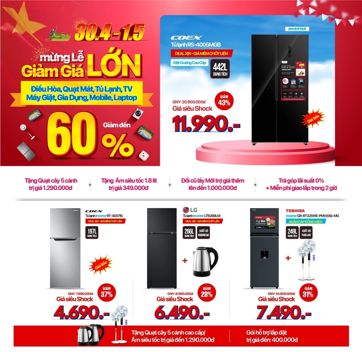 Tủ lạnh giảm đến 45% mừng Đại lễ