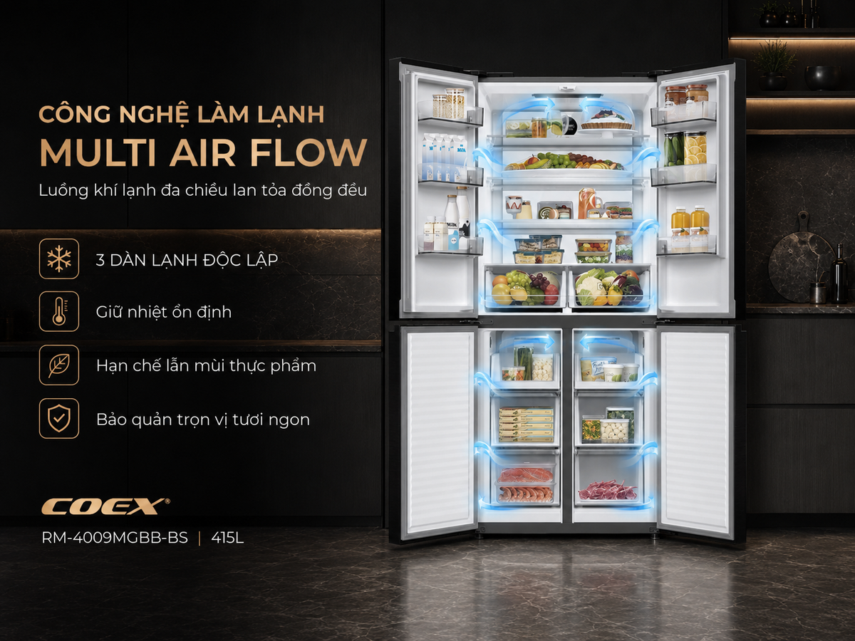 Khí lạnh phân bổ đồng đều, khử mùi, diệt khuẩn hiệu quả, bảo quản thực phẩm tươi ngon lâu dài