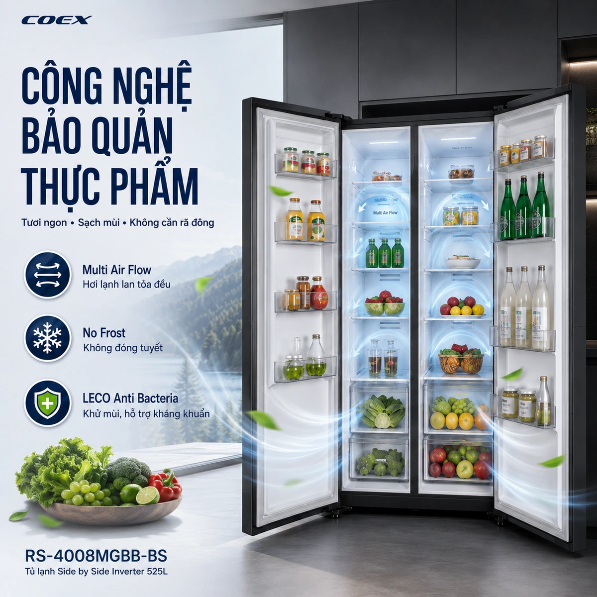 Tủ lạnh Side by side Inverter 525 Lít Coex RS-4008MGBB-BS - Nâng tầm phong cách sống