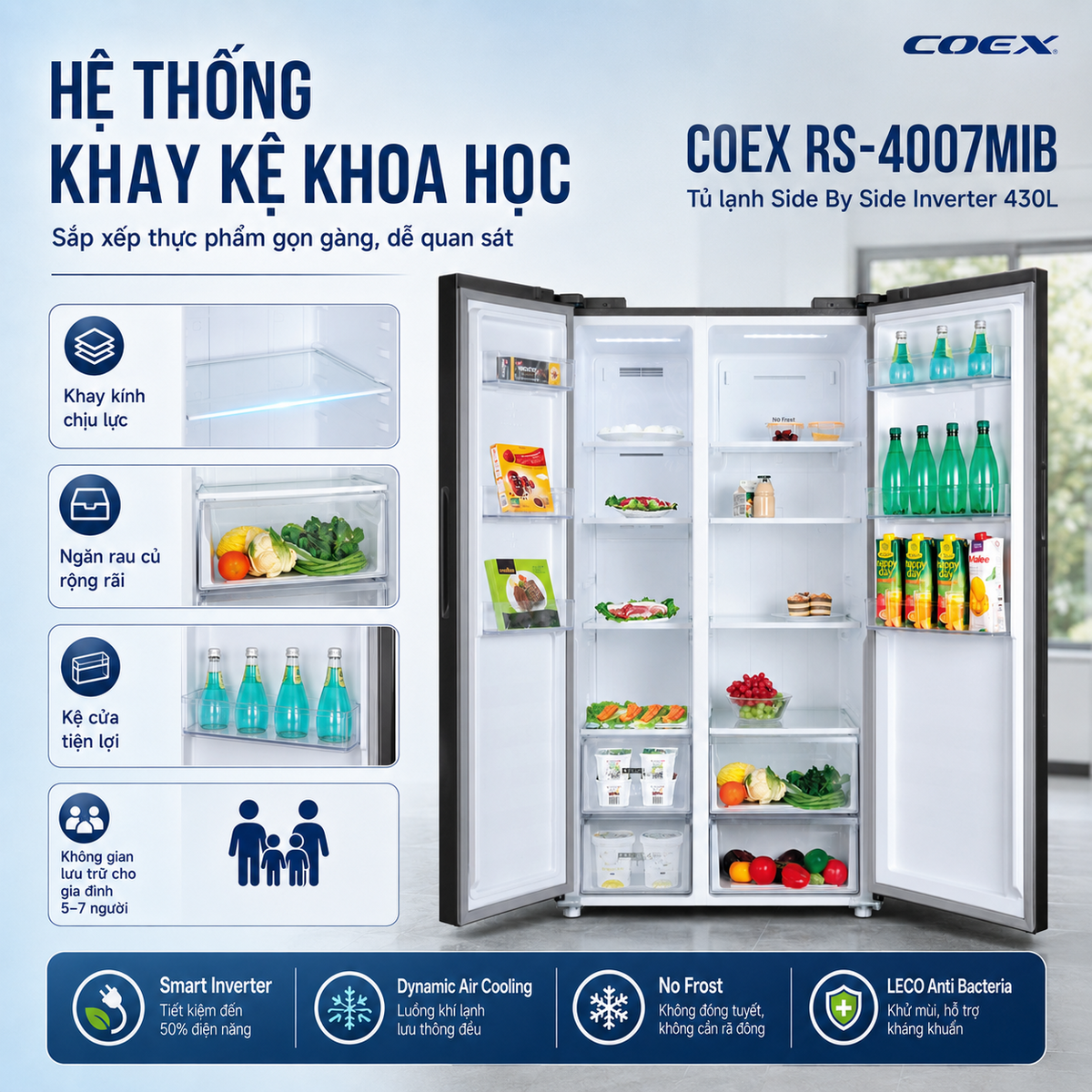 Tủ lạnh size lớn, phù hợp gia đình đông người, nhu cầu tích trữ thực phẩm cao
