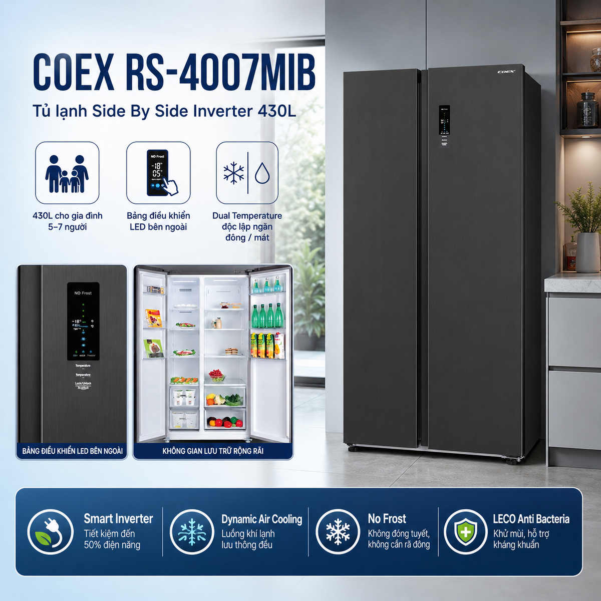 Tủ lạnh size lớn, phù hợp gia đình đông người, nhu cầu tích trữ thực phẩm cao