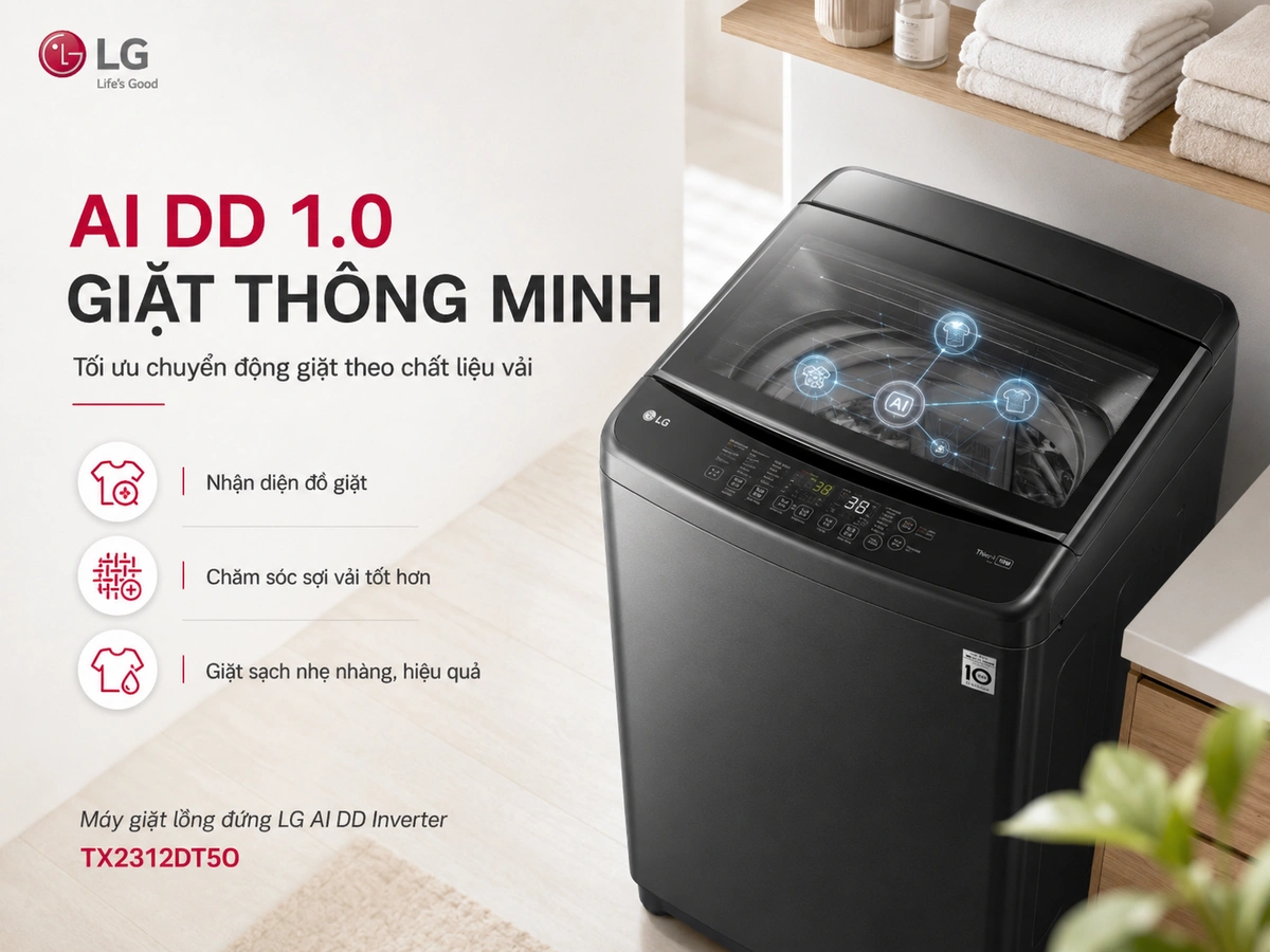 Công nghệ AI DD tối ưu chuyển động giặt, mang lại hiệu quả giặt giũ nhanh chóng, tiết kiệm