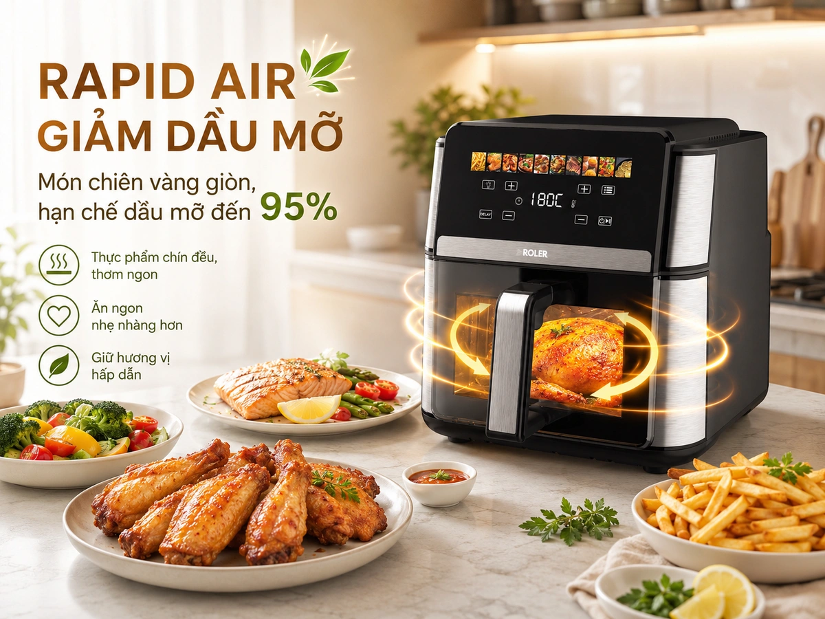 Công suất hoạt động mạnh mẽ 2000W - Hệ thống gia nhiệt kép - Rapid Air giảm 95% dầu mỡ dư thừa