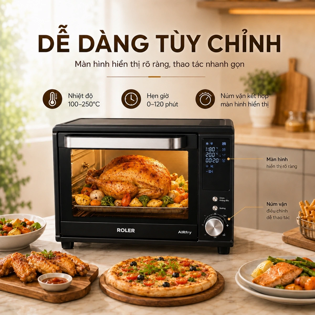 Công suất hoạt động mạnh mẽ, dải nhiệt rộng, chiên nướng nhiều món cùng lúc