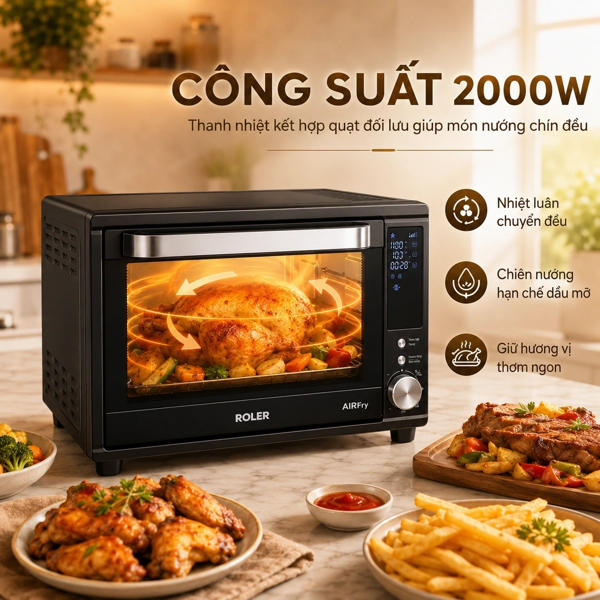 Công suất hoạt động mạnh mẽ, dải nhiệt rộng, chiên nướng nhiều món cùng lúc