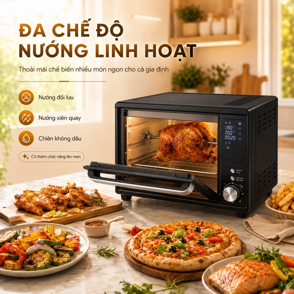Công suất hoạt động mạnh mẽ, dải nhiệt rộng, chiên nướng nhiều món cùng lúc