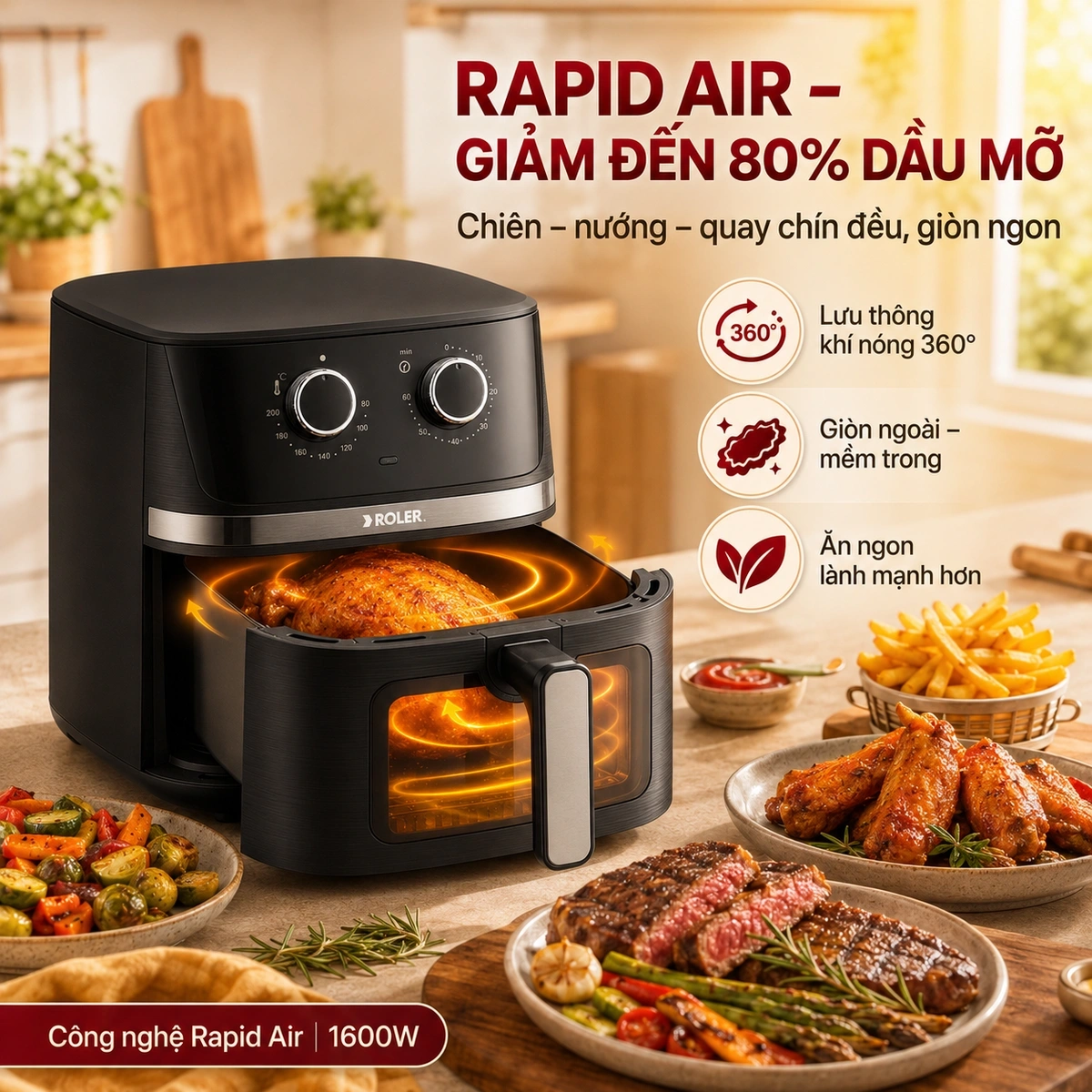 Công suất hoạt động mạnh mẽ tới 1600W, chiên nướng nhanh chóng, giảm dầu mỡ, tiết kiệm thời gian